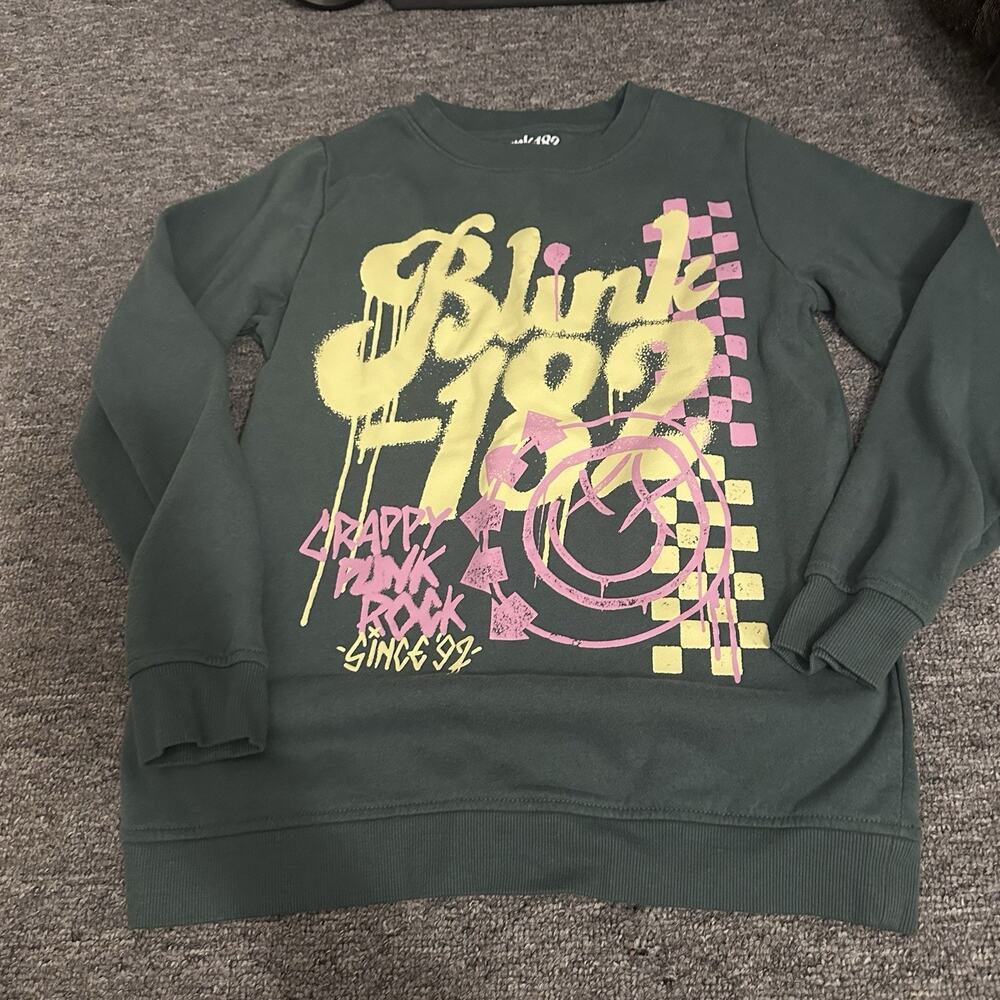 Blink-182 Sweatshirt Mens S Green Crewneck Pullover Graphic Punk Rock Band Y2K